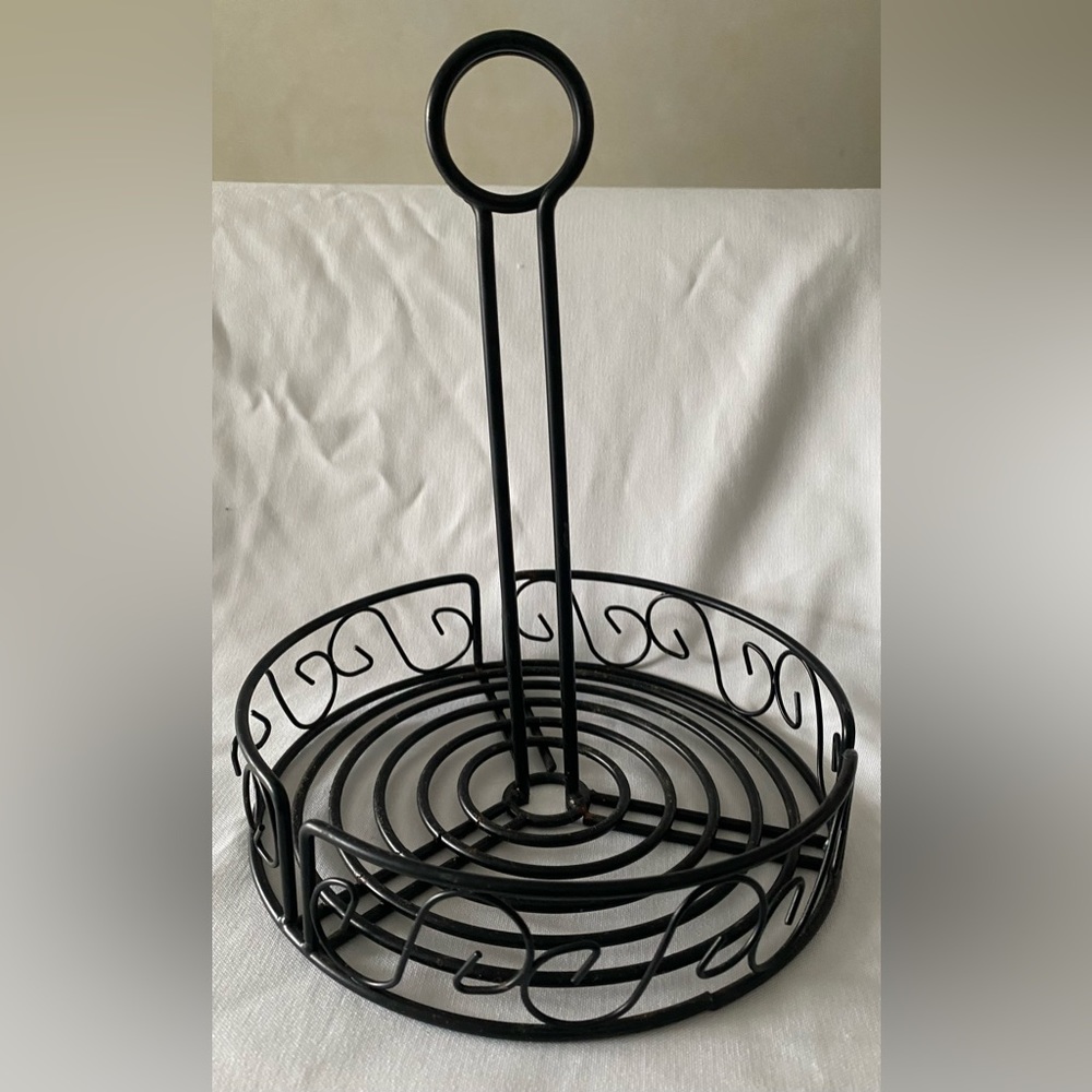 Black Round Spiral Wrought Iron Condiment Caddy with Card Menu Holder